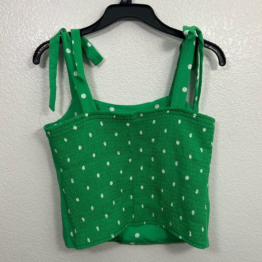 Old Navy Smocked Polka Dot Tie Shoulder Top Kelly Green Dobby Corset St Patrick - Picture 5 of 8